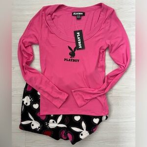 Playboy Pyjama set with Pink top and black fluffy shorts brand new size small